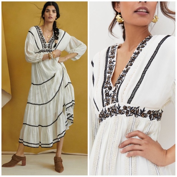 Anthropologie Dresses & Skirts - Anthro Sequined Embroidered Metallic Maxi Dress L